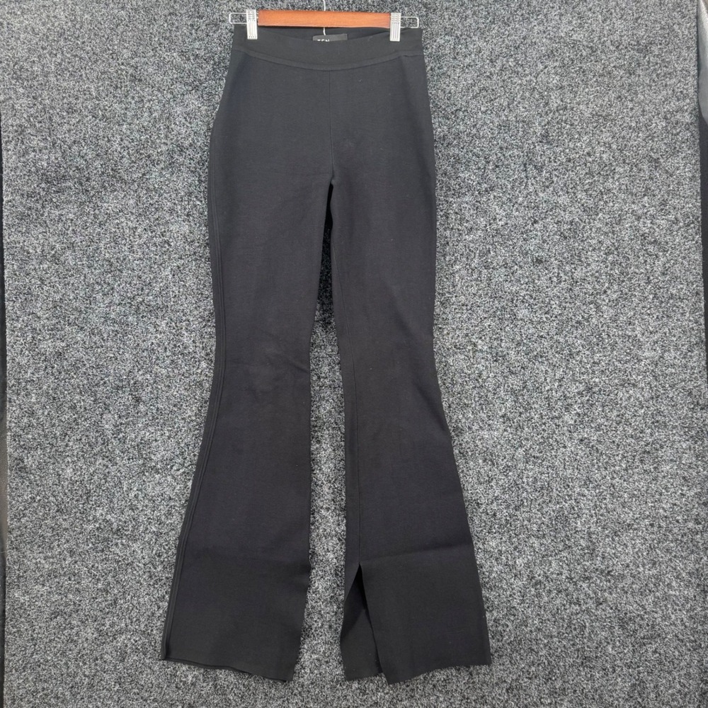 Ten by Babaton Black High Waisted Flare Knit Pants Hem Slit Small 102580